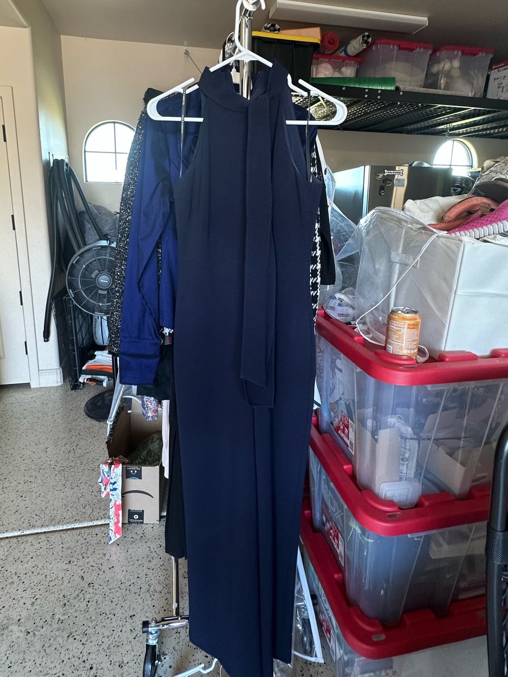 Vince Camuto Navy Zip-Front Sleeveless Dress with Neck Tie